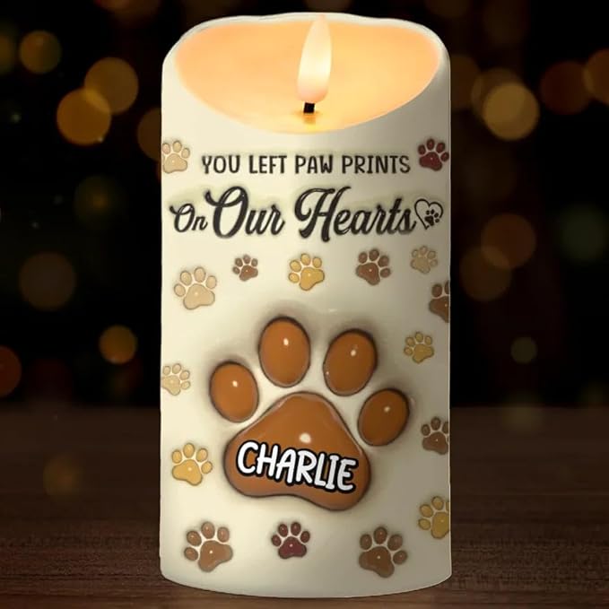 Personalized You Left Paw Prints On Our Hearts 3D Inflated Effect Printed Led Candle Gift Dog Cat Memorial Sympathy Remembrance Gift For Dog Mom Cat Mom Pet Owners On Christmas Pet Birthday Gifts