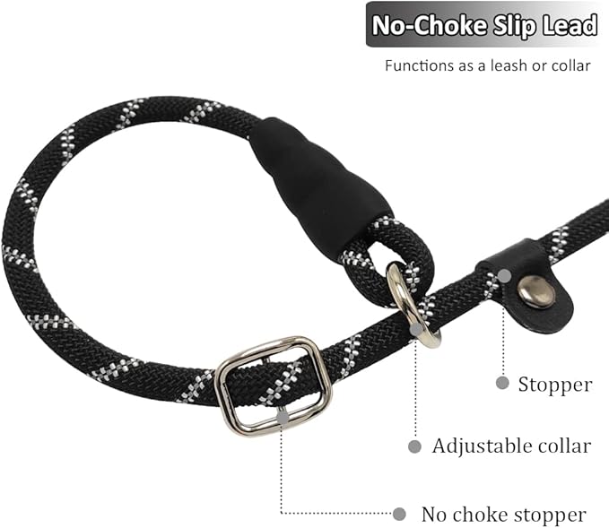 Long Slip Lead Dog Leash Reflective Anti-Choking 12 FT/20 FT/30 FT/50 FT Rope Training Leash for Medium Dogs Small Puppy Pets (30ft, Black)