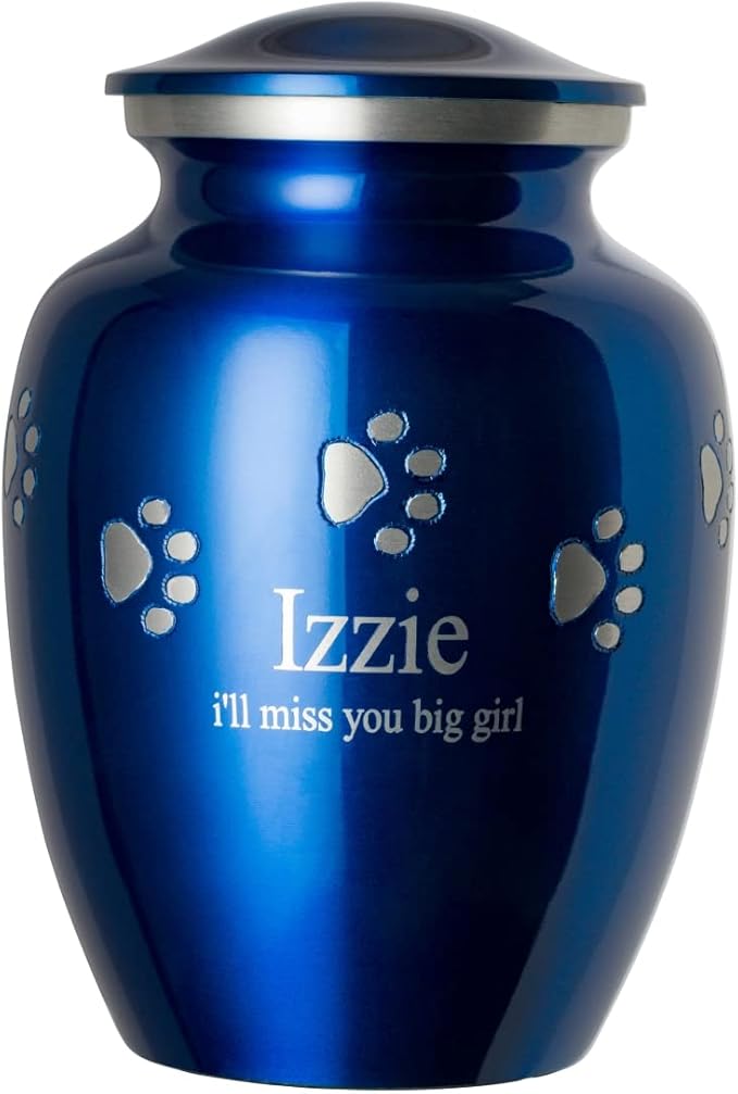 Ottillie Paws Premier Series Pet Urn for Dogs with Personalized Laser Engraving (Medium - Pets up to 65 lbs, Sapphire Blue with Horizontal Pewter Paws)