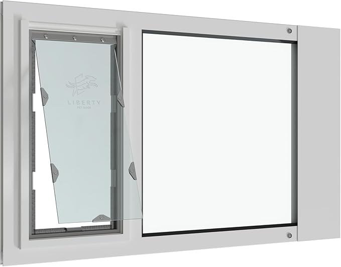Liberty Pet Door Panel for Sash Windows | Durable Aluminum Frame with Closing Cover | Energy Efficient Safety Glass | White, Medium Flap, 24.5" - 26" Width