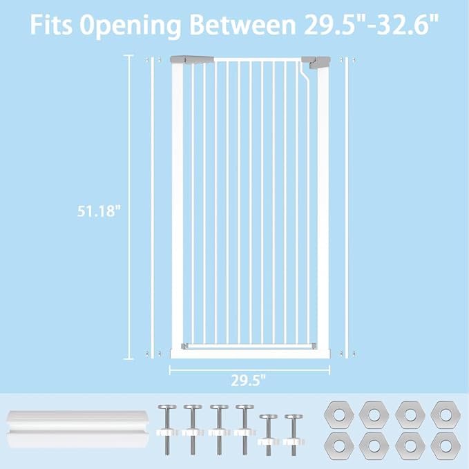 51.18" Extra Tall Cat Gate for Doorway,29.5"- 32.6" Wide Auto Close Tall Pet Gate No Drilling Pressure Mounted for Hallway Kitchen,White