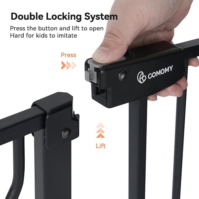 COMOMY 29.5-43.7" Baby Gate with Adjustable Cat Door,Extra Wide Metal Cat Gate for Stairs Doorways, Auto Close Dog Gate with Pet Door for House, Pressure Mounted Easy Walk Through (30" Tall, Black)