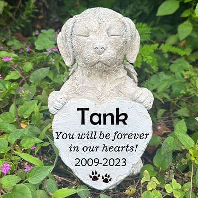 Angel Dog Holding Heart Memorial Stone, Dog Garden Statue Pet Headstone Grave Markers Outdoor Loss Sympathy Gift