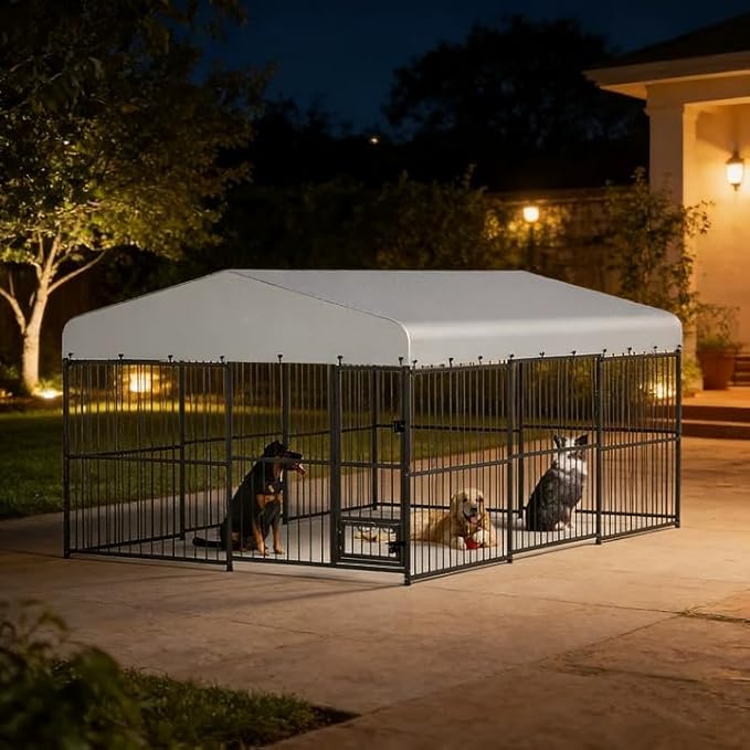 Garvee Dog Kennel Outdoor with Waterproof Canopy, Large Dog House with Feeding Doors, Large Dog Kennel Outdoor for Garden Backyard Courtyard（10×15×7FT）