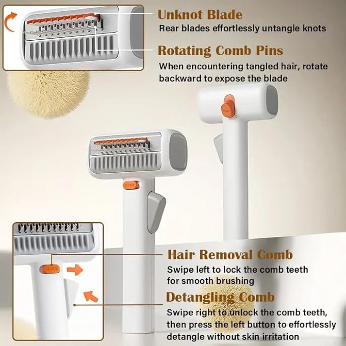 2-IN-1 Pet Self-Detangling & Grooming Comb, Pet Hair Removal Comb, One-touch Release Button, Soft Pet Grooming Brush, Easy to Removal Loose Undercoat,Matted Fur & Tangles, Gentle Hair Comb (1 PC)