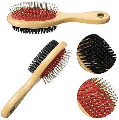 Wooden Dog Brush Double Sided Pet Hair Grooming Brush Dog Pin Brush and Bristle Soft Brush, Dogs Comb and Brush Grooming Tools for Cleaning for Dogs & Cats with Long or Short Hair