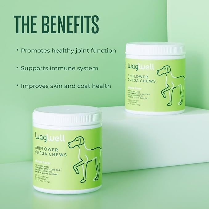 WagWell Ahiflower Omega Chews for Dogs | Vet-Formulated Health Supplement for Joints, Skin, Coat | Plant-Based Omega 3-6-9 | for Dogs of All Ages & Sizes, All Natural, Made in USA | 60 Chews