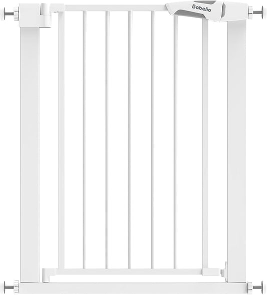BABELIO 26-28.5 Inch Narrow Easy Install Baby Gate, 30 Inch Tall Auto-Close Metal Pet Gate for Small Stairs and Doorways, NO Drilling Pressure Mounted, NO Extensions, White