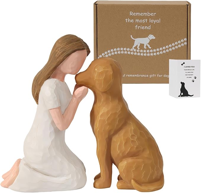 Pet Memorial Figurine for Dog Lovers, Hand-Painted Brown Dog Statue, Girl and Pet Keepsake, Friendship Remembrance Gift, Sympathy Memorial for Loss of Beloved Pet（Brown）