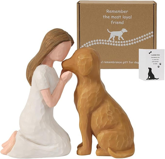 Pet Memorial Figurine for Dog Lovers, Hand-Painted Brown Dog Statue, Girl and Pet Keepsake, Friendship Remembrance Gift, Sympathy Memorial for Loss of Beloved Pet（Brown）