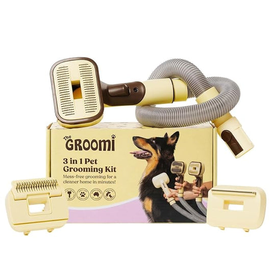 GROOMI Vacuum Pet Brush Kit – 3‑in‑1 Dog & Cat Grooming Tool, Self‑Cleaning Deshedding Brush & Pet Hair Remover, Universal Vacuum Attachment Including Dyson, Short, Medium & Long Fur, All Breeds