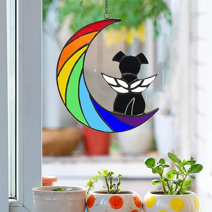 Dog Memorial Gifts for Loss of Dog Pet Sympathy Hanging Gift Black Angel Dog on Rainbow Moon Acrylic Beverage Suncatcher Ornaments Decor Window Wall Gift for Dog Lover