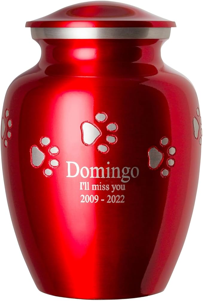 Ottillie Paws Premier Series Pet Urn for Dogs and Cats with Personalized Laser Engraving (Small - Pets up to 25 lbs, Ruby Red with Horizontal Pewter Paws)