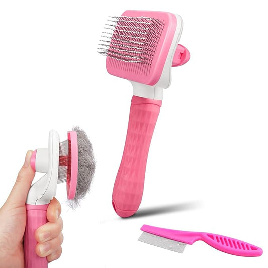 Dog & Cat Brush Kit 2PCS, Self Cleaning Slicker Brush for Pets, Upgraded Dog Brush for Shedding Massaging and Grooming, Removes Loose Undercoat & Portable Comb for Long Short Haired Dogs(Pink)