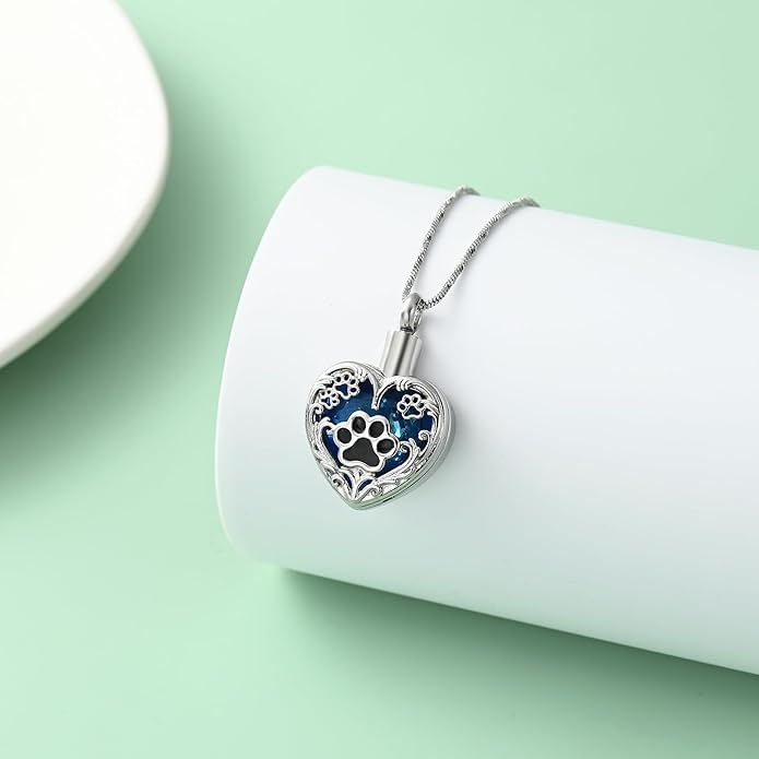 Heart Urn Necklace For Ashes Birthstone Pet Memorial Jewelry Dog Paw Print Cremation Pendant Stainless Steel Keepsake Gift For Pet Lovers