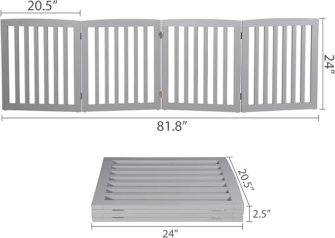 Freestanding Pet Dog Gate, 3-Panel/ 4-Panel Wooden Folding Fence for Hallway,Doorway,Hall,Stair,24 Inch Height Indoor Foldable Dog Fence (Gray, 4 Panel 24“)