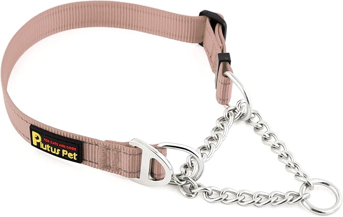 Plutus Pet Martingale Dog Collar with Stainless Steel Chain and Reflective Nylon, Adjustable No Pull Training Collar, for Small Medium, and Large Dogs, Beige, L