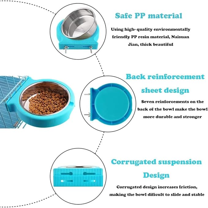 Crate Dog Cat Bowls, Removable Stainless Steel Hanging Pet Cage Bowls for Kennel, Crate Food Water Feeder Bowl with Bolt Holder for Cat, Puppy, Rabbite Birds and Other Small Animals (Small, Blue)