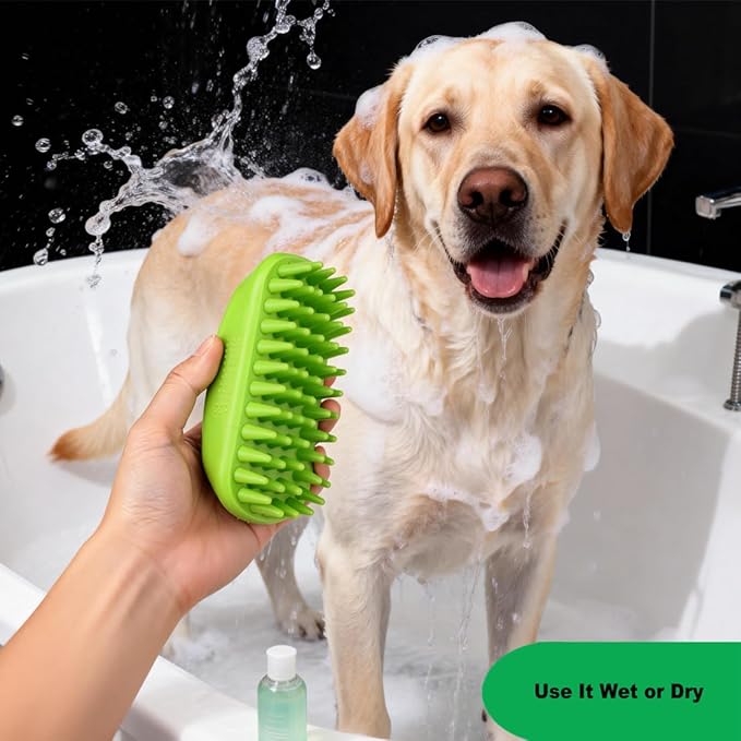 Rubber Curry Brush for Dog, Soft Curry Comb with Long Pins, Pet Silicone Brush for Short & Long Hair, Use Wet as Bath Scrubber or Dry for Grooming