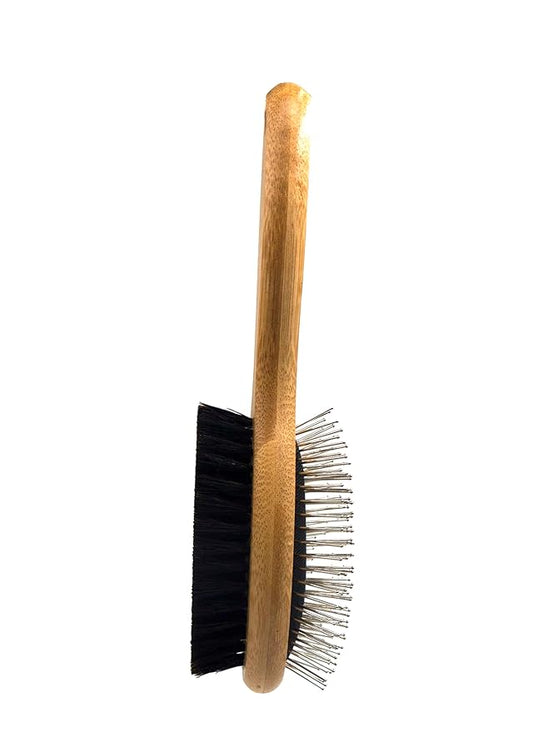 Pet Dog Brush Natural Bamboo Fiber Eco-Friendly Pet Grooming Dog and Cat Double-Sided Needle and Bristle Pet Deshedding Brush, brown