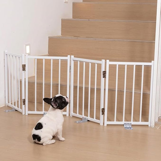 No Pawblems Free Standing Short Dog Gate, 16.5'' Tall Foldable Dog Fence for Indoor & Outdoor, Up to 48 Inch Extra Wide Puppy Gate for Stairs, Hallways, Doorways, Deck, Yard (White, 4 Panels)