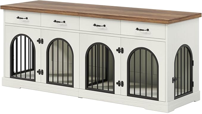 70.8'' Double Dog Crate Furniture for 2 Small and Medium Dogs,XXL Wooden Dog Kennel with 4 Storage Drawers,Removable Divider,Dog Crate TV Stand,Indoor Decorative Dog Cage with 4 Door,White
