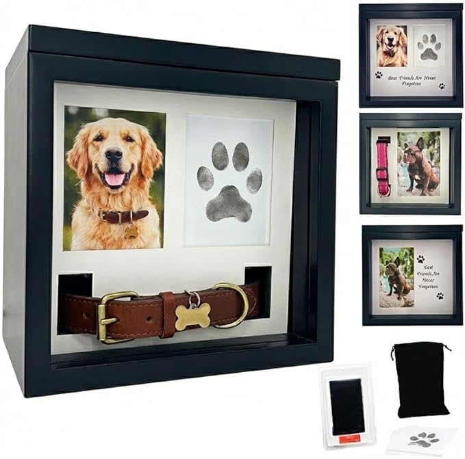 Dog Urn for Ashes, 4 Customizable Displays with Paw Print Ink Kit and Flannel Bag, Pet Urns for Dogs Ashes, Pet Cremation Box, Cat Urn for Ashes, Dog Ashes Keepsake (Black)
