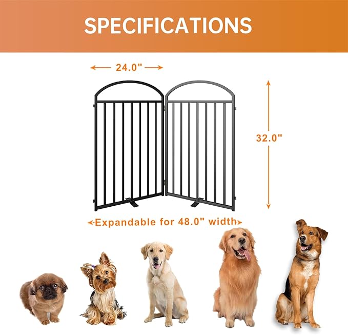 2 Panels Full Matel Freestanding Dog Gates, 48" Extra Wide 32" Tall Free Standing Dog Pet Gate for Indoor & Outdoor. Foldable Pet Fences for Doorways, House, Stairs, Porch, Deck, Yard