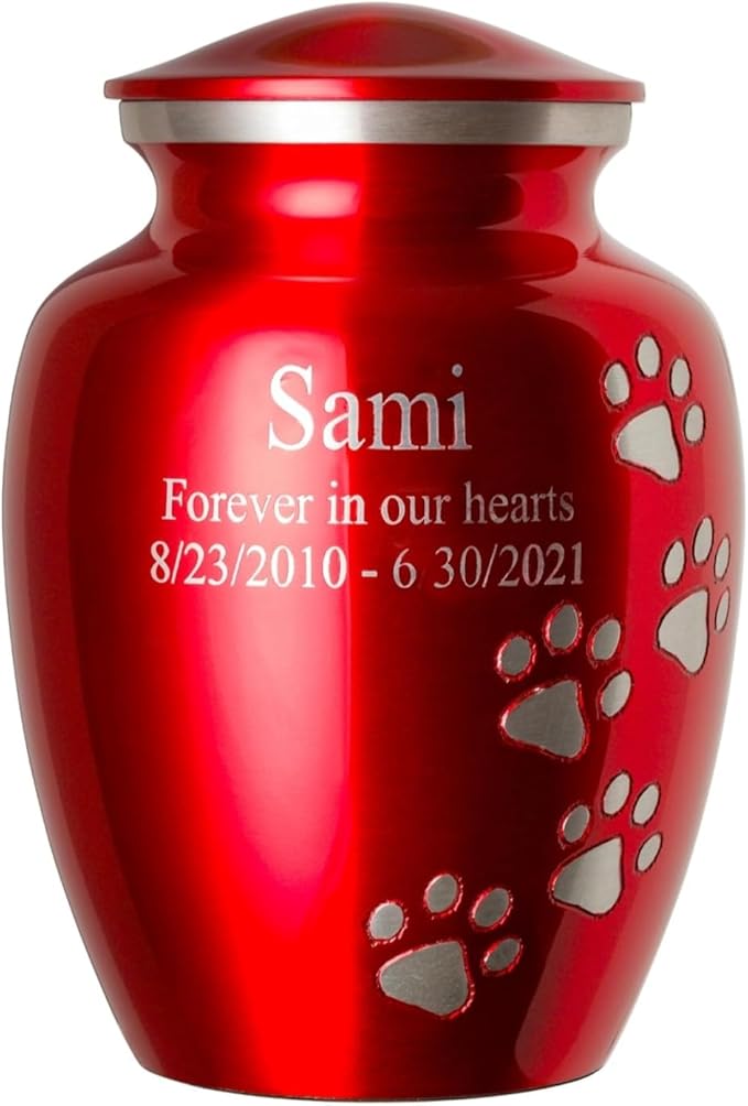 Ottillie Paws Premier Series Pet Urn for Dogs with Personalized Laser Engraving (Large - Pets up to 115 lbs, Ruby Red with Vertical Pewter Paws)