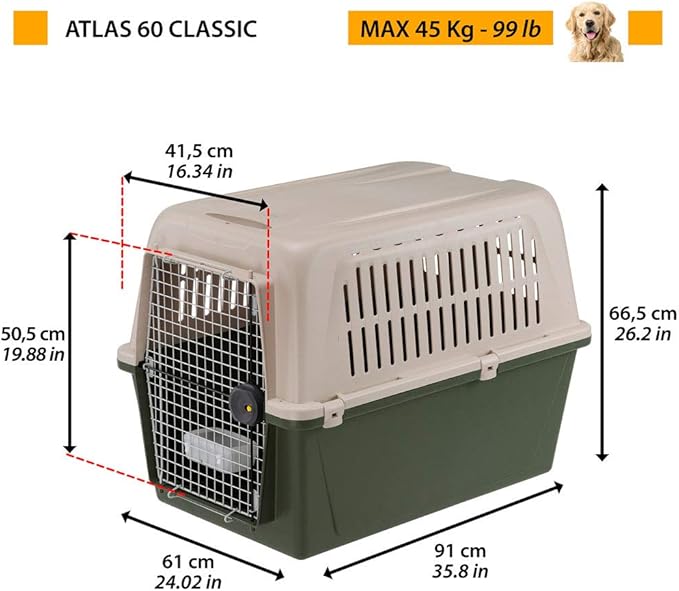 Ferplast Carrier for Large Dogs Atlas 60 Classic, Pet Carrier for Large Dogs with Bowl Included, Plastic-Coated Metal Door, Safety Closing System, Aeration grids, 61 x 91 x h 66.5 cm Green