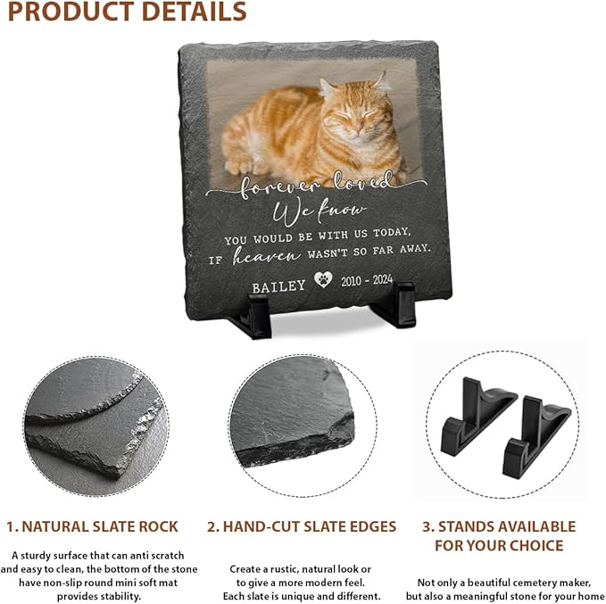 Pet Memorial Stone - Square Shaped & Personalized Sympathy Gift Baskets, Heaven Not Far Phrase, Forever Loved Dog & Cat Plaque, Ideal for Those Whose Pets Passed Away