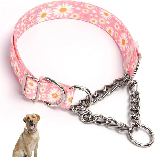 Stainless Steel Chain Martingale Collar for Dogs, No Pull Slip Cinch Choker Choke Collar Training Escape Proof Heavy Duty Dog Collar for Small Medium Large Pet Girl Female Dogs, Pink Daisy L