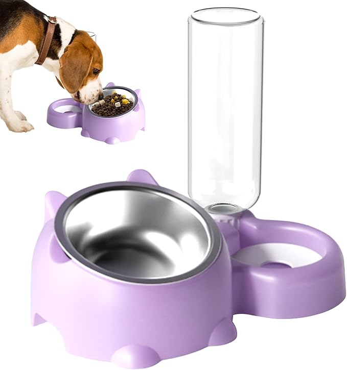 Dog Bowls, Cat Food and Water Bowl Set 16 Degree Tilted Dog Dish with Water Dispenser Automatic Dispenser Bottle Spill Proof Pet Feeder for Cats and Dogs