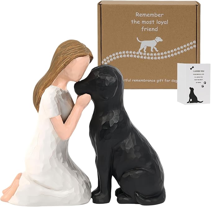 Pet Memorial Figurine for Dog Lovers, Hand-Painted Black Dog Statue, Girl and Pet Keepsake, Friendship Remembrance Gift, Sympathy Memorial for Loss of Beloved Pet（Black）