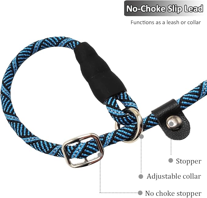12FT Long Slip Lead Leash, 20ft 30ft 50ft Reflective Rope Training Lead Anti-Choking for Medium Dogs Small Puppy Pets Behavior Active Playing (Blue)