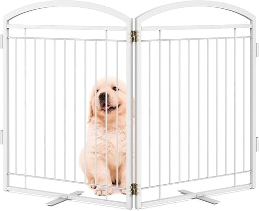 Full Metal Free Standing Dog Gate with Door for Indoor Outdoor, 48'' Extra Wide 32'' Tall Dog Gate for Doorways,Large Openings,Decks,Pet Puppy Freestanding Safety Fence(2 Panels,White)
