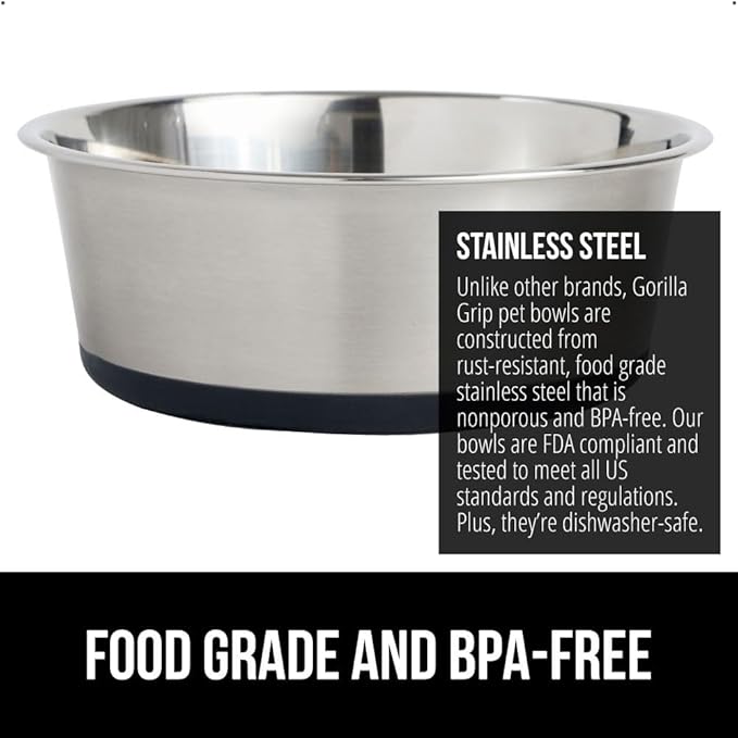 GORILLA GRIP Dog Bowl, Holds 2 Cups (16 fl oz), Food Grade 304 Stainless Steel Food and Water Bowl for Feeding Dogs and Cats, BPA Free Rubber Base, Easy Clean, Dishwasher Safe, Rust Resistant, Black