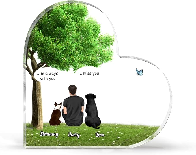 Gossby Personalized Heart-shaped Dog Memorial Acrylic Plaque - Custom Dog Remembrance Gift For Dog Dad, Him With Design, Names - Dog Memorial Gift For Men Dog Lover - No Quote - Man And 2 Dogs
