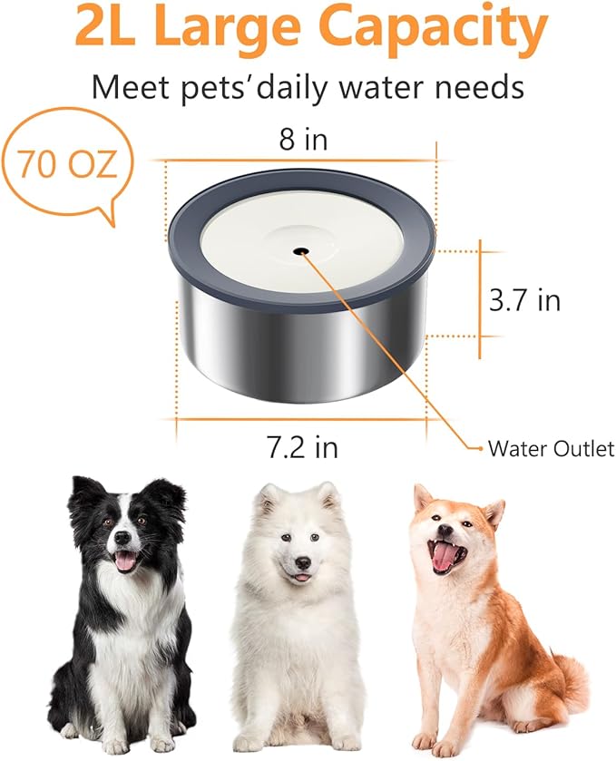 No Spill Water Bowl and Food Bowl Set for Dogs, 2L Large Slow Drinking Spilling Proof Water Dispenser & 1.5L Stainless Steel Dish Pet Feeder