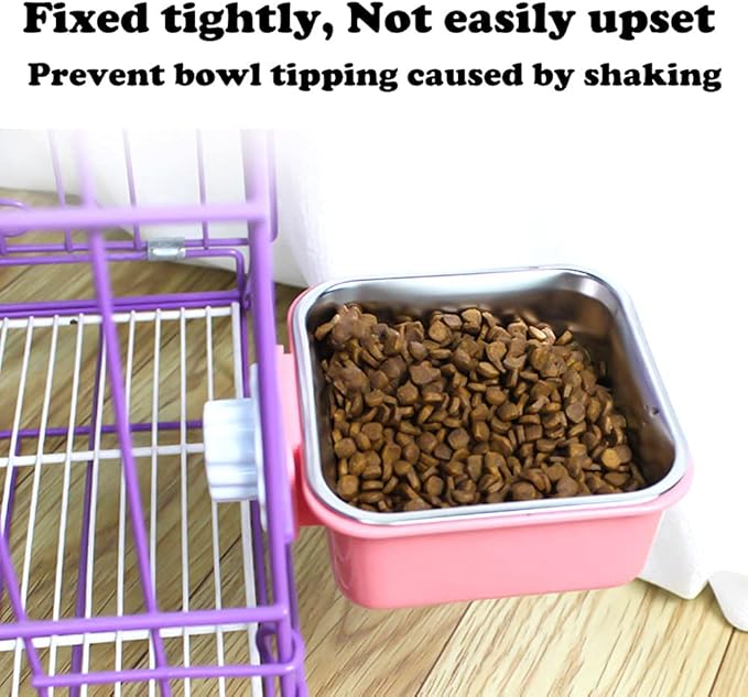 Love Dream Crate Dog Cat Bowls, Removable Stainless Steel Hanging Pet Cage Bowls Kennel, Food Water Feeder with Bolt for Puppy Birds 2 Pack with Silicone Sponge Dish Brush