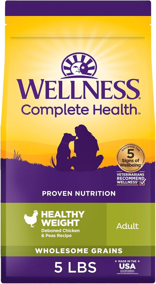 Wellness Complete Health Dry Dog Food, Wholesome Grains, Natural, Healthy Weight Chicken & Peas Recipe, (5-Pound Bag)