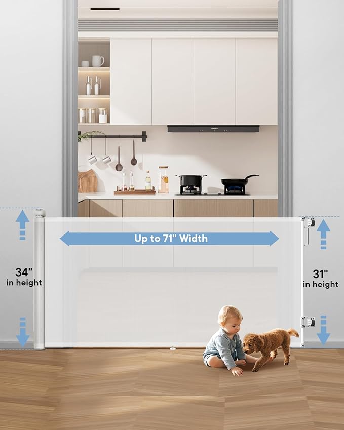 Retractable Dog Gate for Staris - Extends to 71" Wide, 34" Tall Baby Gates for Indoor Outdoor Use, Stair Gate for Hallways, Doorways, Deck, Porch, Need Drilling, White