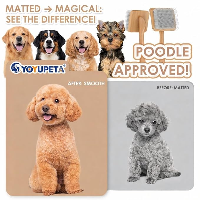 Large Slicker Brush for Dogs,Doodle Brush for Poodles, Goldendoodles, Labradoodle, Extra Long Pins for Detangling Matted Fur & Removing Tangle, Dog Grooming Kit with Wooden Handle. Natural