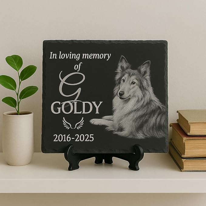 lemuria 4x4” Pet Memorial Stone – Personalized Black Slate Grave Marker – Custom Engraved Dog or Cat Headstone for Indoor or Outdoor Use (4x4 inches)
