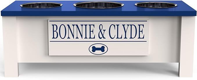 GTW Elevated 3 Bowl Dog Feeding Station - Customized Triple Stand for Medium Size Dog Breeds - Includes Storage & Stainless Steel Bowls (Medium, Blue)