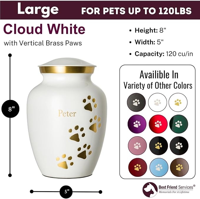 Ottillie Paws Premier Series Pet Urn for Dogs with Personalized Laser Engraving (Large - Pets up to 115 lbs, Cloud White with Vertical Brass Paws)