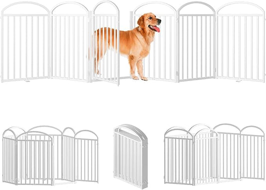6 Panels Full Matel Freestanding Dog Gates with Door, 144"Extra Wide 32"Tall Free Standing Dog Pet Gate for Indoor & Outdoor. Foldable Pet Fences for Doorways, House, Stairs, Porch, Deck, Yard