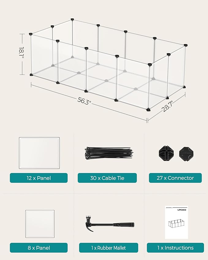 SONGMICS Pet Playpen with Floor, Small Animal Pen, Pet Fence Indoor, DIY Plastic Enclosure for Hamsters, Rabbits, Hedgehogs, Ferrets, 56.3 x 28.7 x 18.1 Inches, White ULPC02W