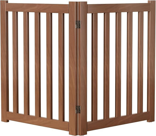 2-Panel Solid Wood Dog Gate - Freestanding Folding Pet Gate for Doorways, Stairs, Indoor, 24" Height, No Installation Needed, Walnut