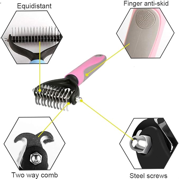 Dematting Comb, Two-Sided Undercoat Rake for Dogs & Cats, Dog Brush for Shedding and Removing Mats,Safe Stainless Steel dematting Tool Pink